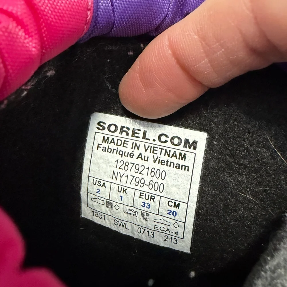 Sorel Purple and Pink Kids' Winter Waterproof Boots in Size 2.